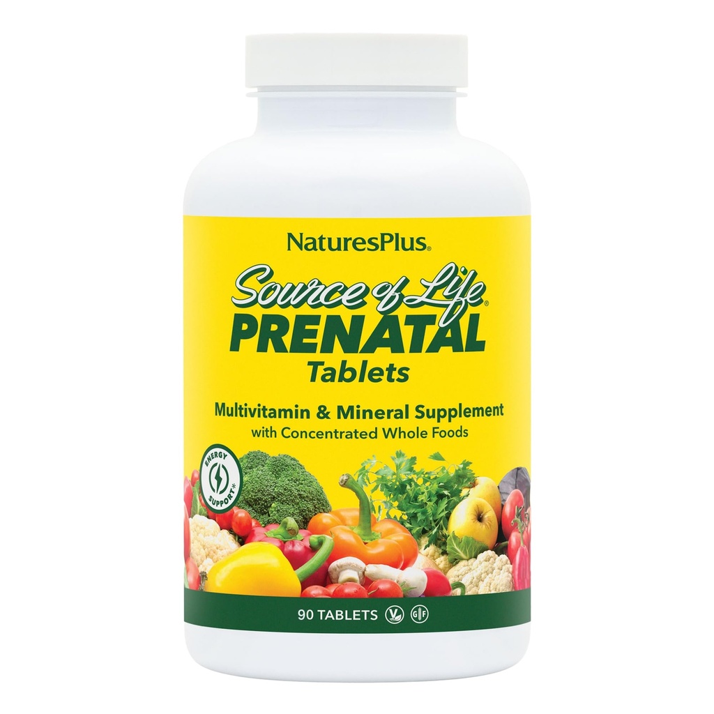 Natures Plus Source of Life Prenatal - 800 mcg Folate, 90 טבליות צמחוניות - All Natural Prenatal ויטמין & מינרלים עם Iron & Calcium - בריאות אופטימאלית ואנרגיה - Gluten-Free - 45 משרתים