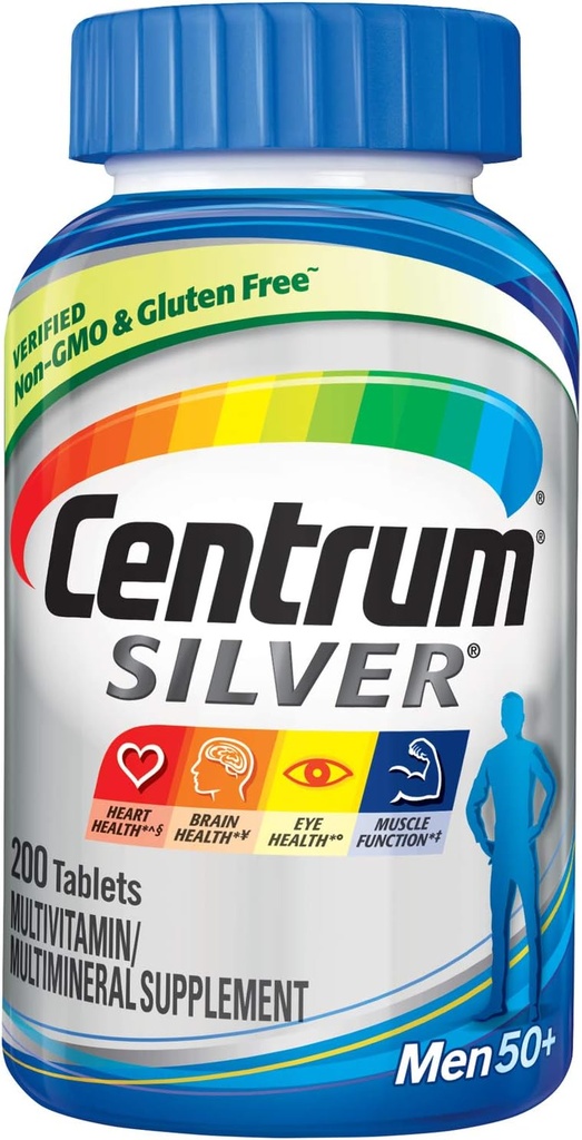 סגסוגת Silver Multivitamin עבור גברים 50 פלוס, תוספי Multimineral, ויטמין D3, B-Vitamins ו Zinc, Gluten Free, Non-GMO Ingredients, תומך זיכרון וקוגניציה במבוגרים - 200 Cttttamins ו- Zinc, Gluten Free, non-GMO Ingredients, תומך זיכרון וקוגניציה במבוגרים - 200 Ctttamins
