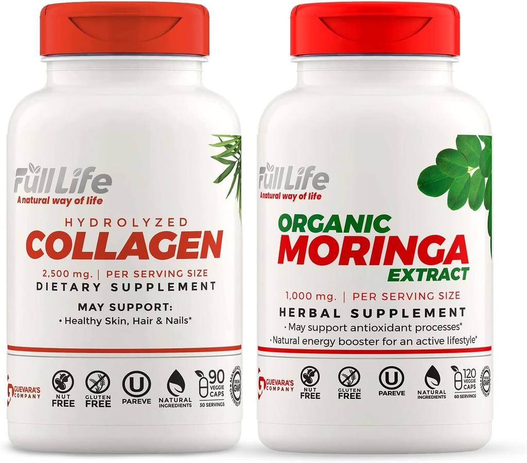 חיים מלאים hydrolyzed Collagen ו Moringa Oleifera קפסולות - תוספי תזונה - Bovine Collagen Pills for Women and Men, Gluten-Free - Veggie כמוסות
