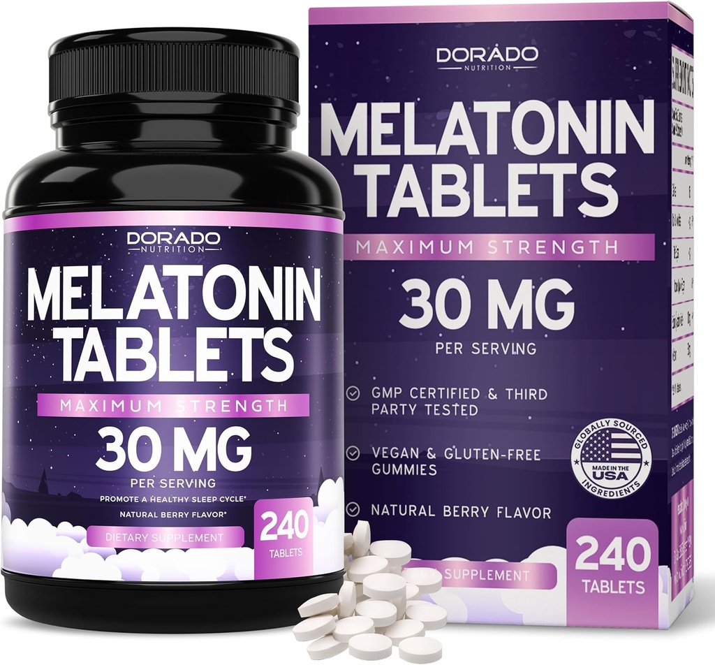 Melatonin 30 מ"ג טבליות למבוגרים (240s) - Tablet מהיר Dissolve עם 30 מ"ג של מלטונין Per Tablet - Gluten-Free, non-GMO, 100% Vegetarian, & Great Tasting - מעורב ברי פלפור - מיוצר בארה"ב