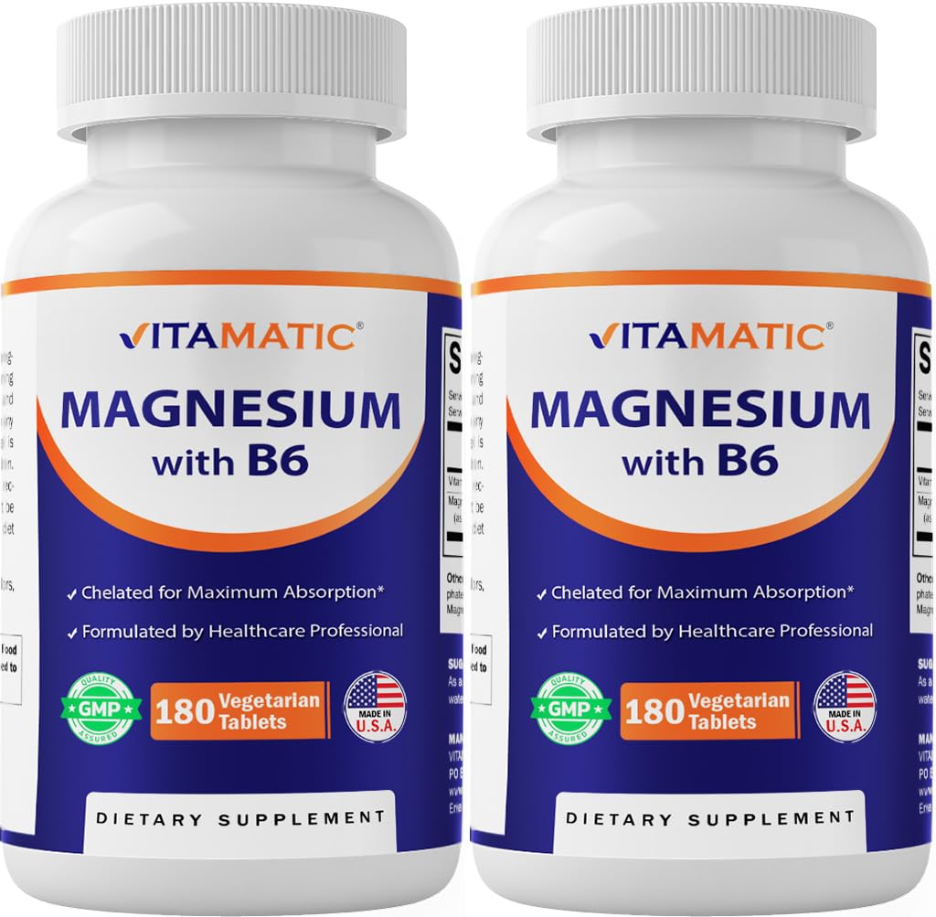 Vitamatic Magnesium עם B6-180 טבליות Vegetarian (Uncoated) - תוספת B6 עבור Absorption מקסימלית - תמיכה שרירים, משותף, בריאות הלב - 2 Pack