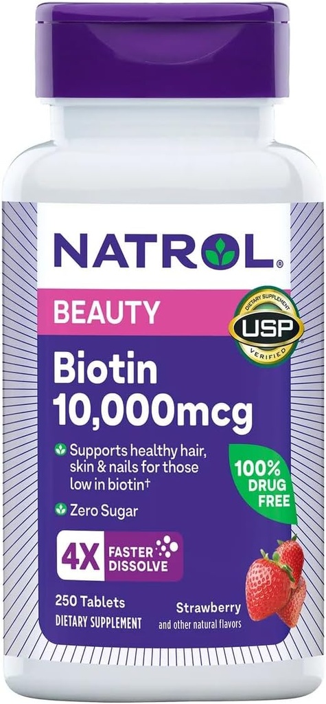Natrol Biotin 10000 mcg, Strawberry Flavor, טבליות דיסלוט מהיר, כוח נוסף, 250 הרוזן