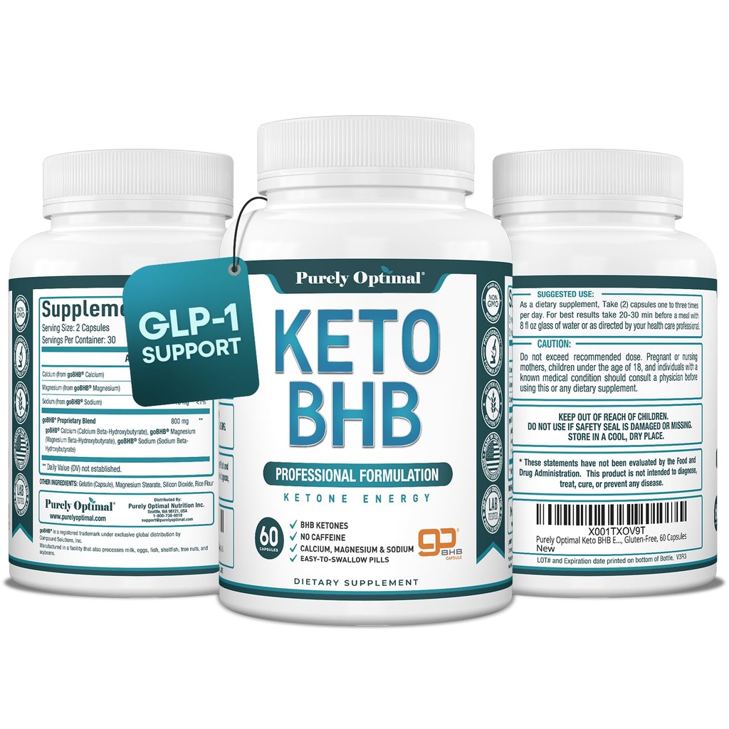 Purely Optimal Keto BHB קפסולות - Exogenous Ketone Pills for Ketosis Support, Sustained Energy, Focus & Metabolism - עבור נשים וגברים, 60 קפסולות