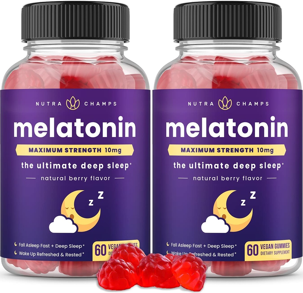 NutraChamps (Pack של 2 מלטונין חניכיים למבוגרים, תוספת חיזוק ויטמין, 5 מ"ג או 10 מ"ג Dose, Natural Strawberry Flavor עבור שינה טובה יותר, 120 חניכיים