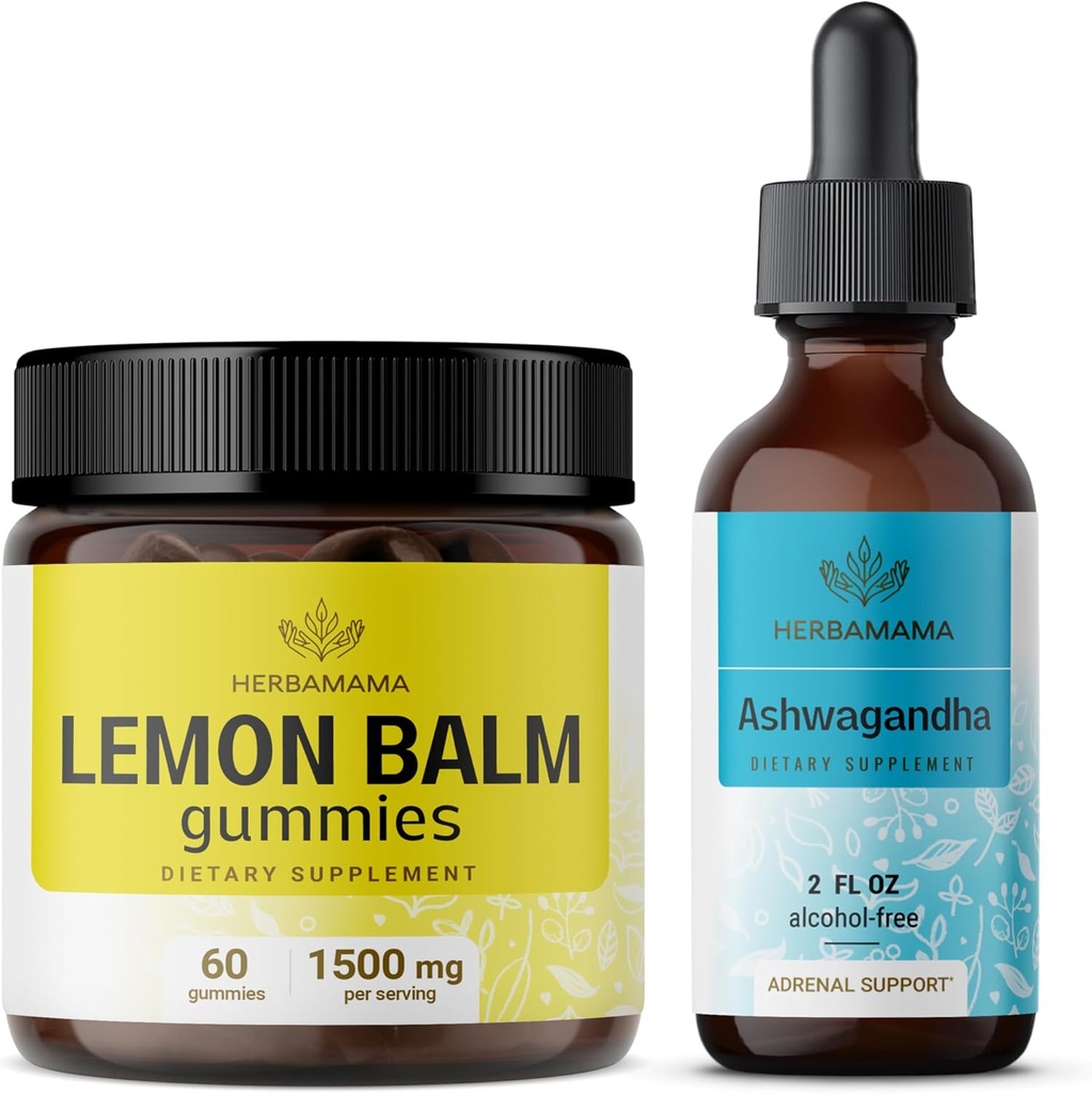 HerBAMAMA לימון Balm ואוגנדה Kit - Bundle של לימון Balm Gummies & Ashwagandha נוזל טיפות 2 fl oz - טבעוני, non-GMO, אלכוהול & Gelatin-Free - 2 Pack