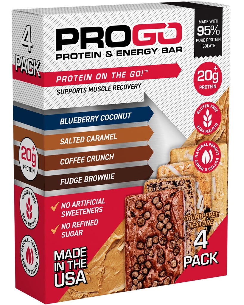 ProGo חלבונים Bars, סוכר נמוך, חטיפים חלבון גבוה (עד 21g) - 95% טהור Isolate עבור צמיחה מהירה יותר שריר התאוששות, קלוריות נמוכה, w / Peanut Butter & Raw Honey (4-Count, Starter Pack)
