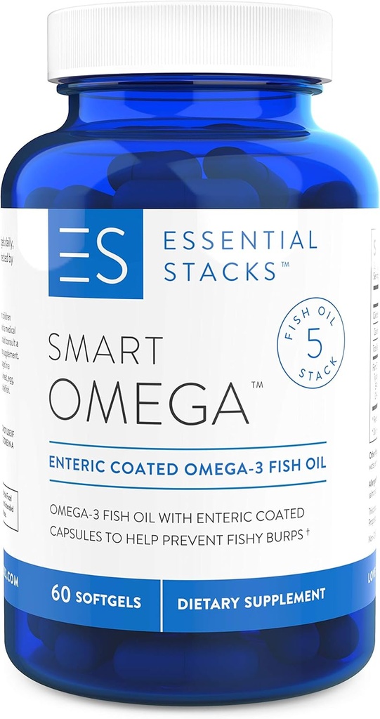 Essential Stacks Smart אומגה 3 - Burpless Fish Oil - 1400mg EPA DHA Per משרת, Enteric Coated (60 קפסולות)