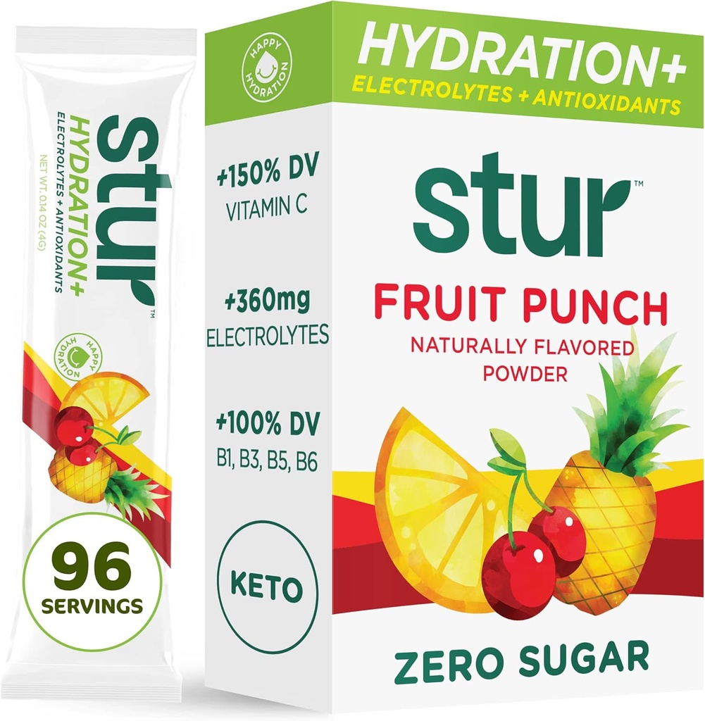 Stur Electrolytes Powder Hydration Packets | Fruit Punch | Sugar Free Water Flavor Packets for Workout Recovery | High Antioxidants & B Vitamins | Keto, Vegan, Non-GMO, Paleo, 96 Packets