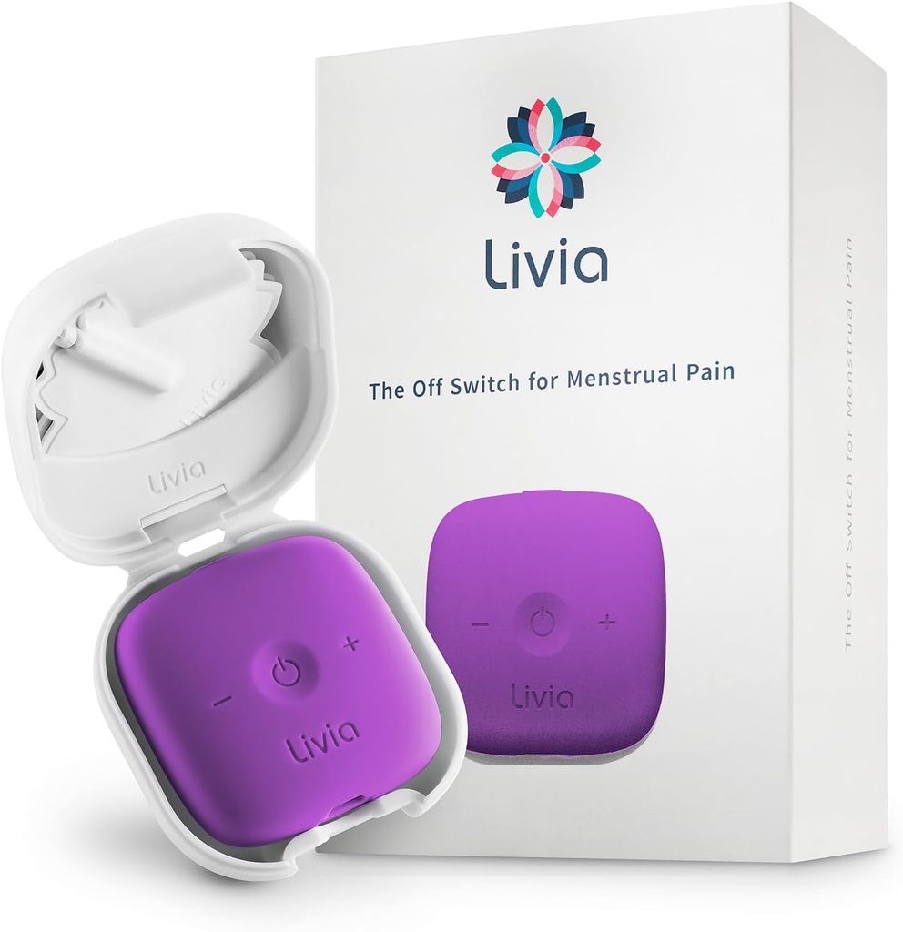 Livia Menstrual Pain Relief Device, Purple - Off-Switch for Time Pain - Portable & Discreet - Rechargeable, Up to 12 שעות סוללה - קיט שלם עם Stick-On Pads - The Go-to Travel Partner