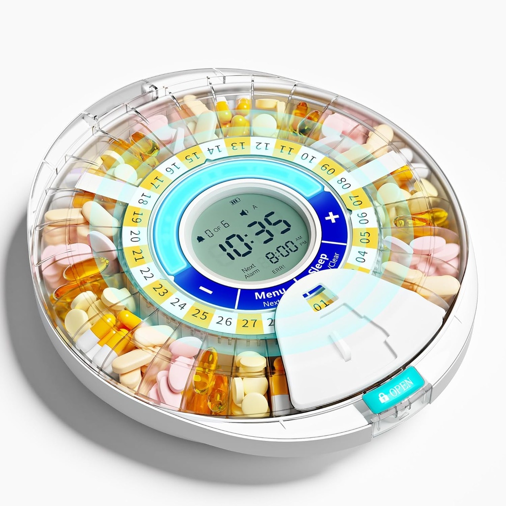 משודרגת גלולה אוטומטית Dispenser עבור Elderly עם אזעקה: Smart Pill Dispenser Machine עם 28-Slot, Mix-Proof Tech & XL LCD, שיפור יכולת ניהול תרופות יומיות