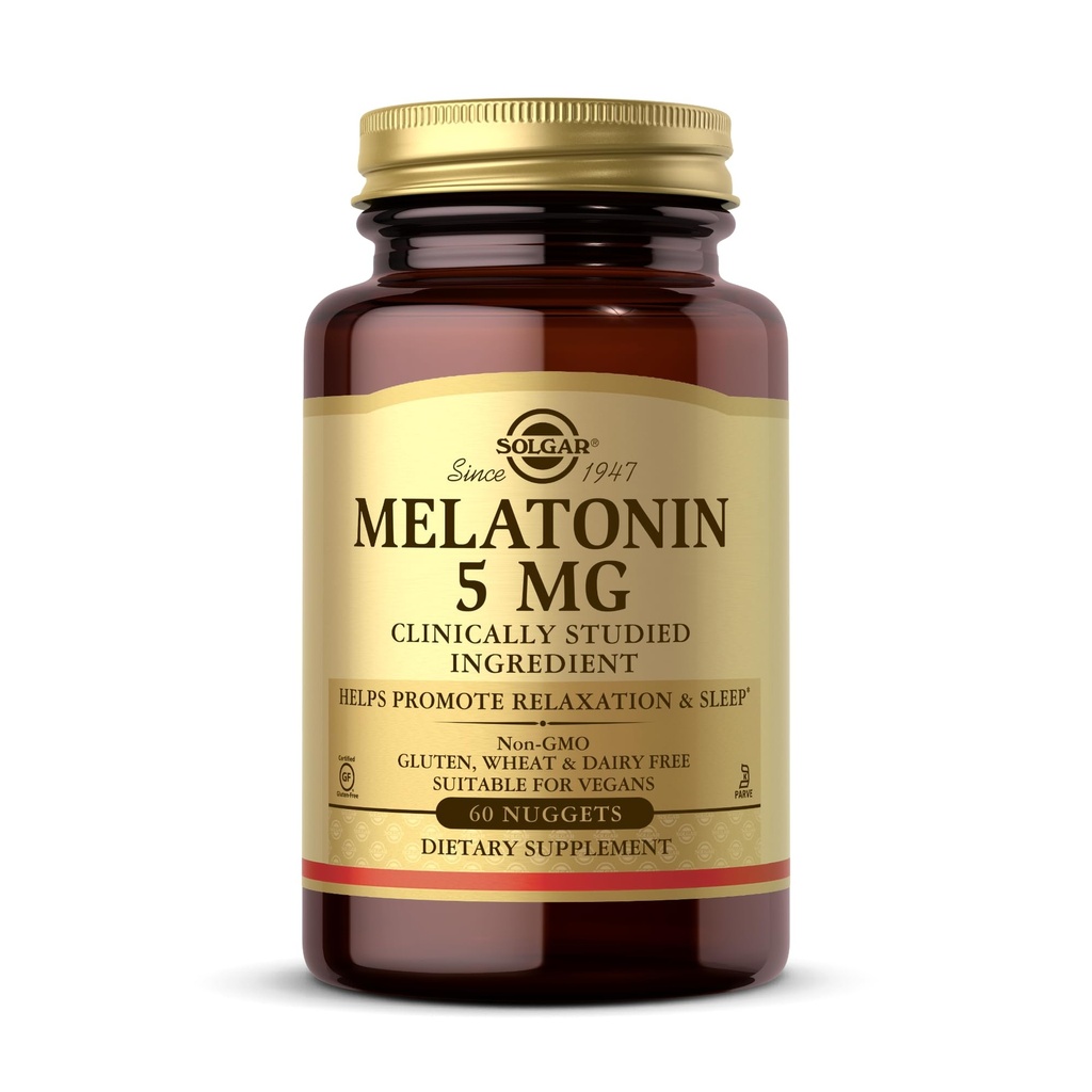 Solgar Melatonin 5 מ"ג, 60 Nuggets - עוזר לקדם את הירגעה ומנוחה - קלינית למד מלטונין - טבעוני, Gluten Free, חלב חינם, כשר - 60 משרתים