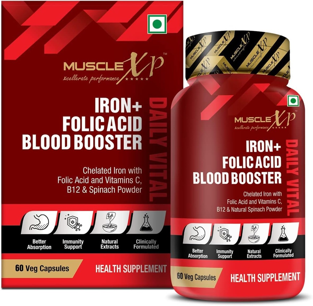 Iron Folic Acid Booster Daily Vital, Chelated Iron with Folic Acid & ויטמין C, B12 & Natural Spinach אבקת, 60 ואג קפסולות