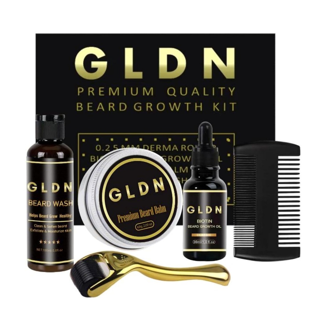 GLDN Beard Kit - כולל שמן Beard, Beard Serum, Beard Comb & Beard Derma Roller