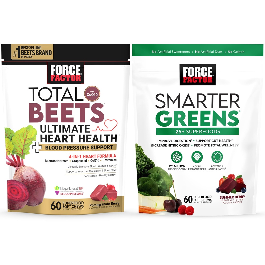 Indle of Force Factor Total Beets Ultimate Heart Blood Pressure Support Chews with CoQ10, 60 צ'אדות רכות + Smarter Greens Superfood Chews, to Support Digest, 60 צ'יפס רך