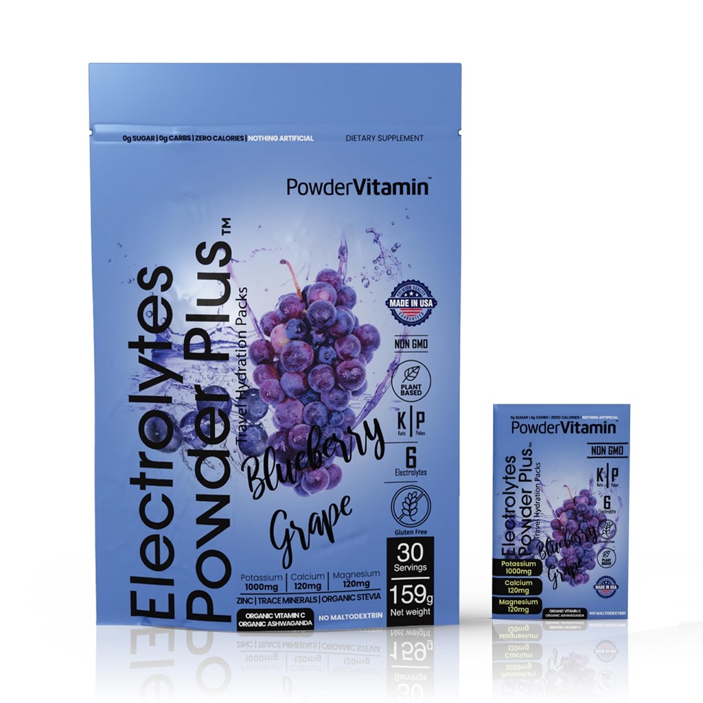 אבקהVitamin אלקטרוליט אבקת פלוס, Keto, Blueberry Grape, Zero Sugar, 1000 מ"ג Potassium, 120 מ"ג Calcium, non-GMO, Zero Calories, 30 hydrotion Packets