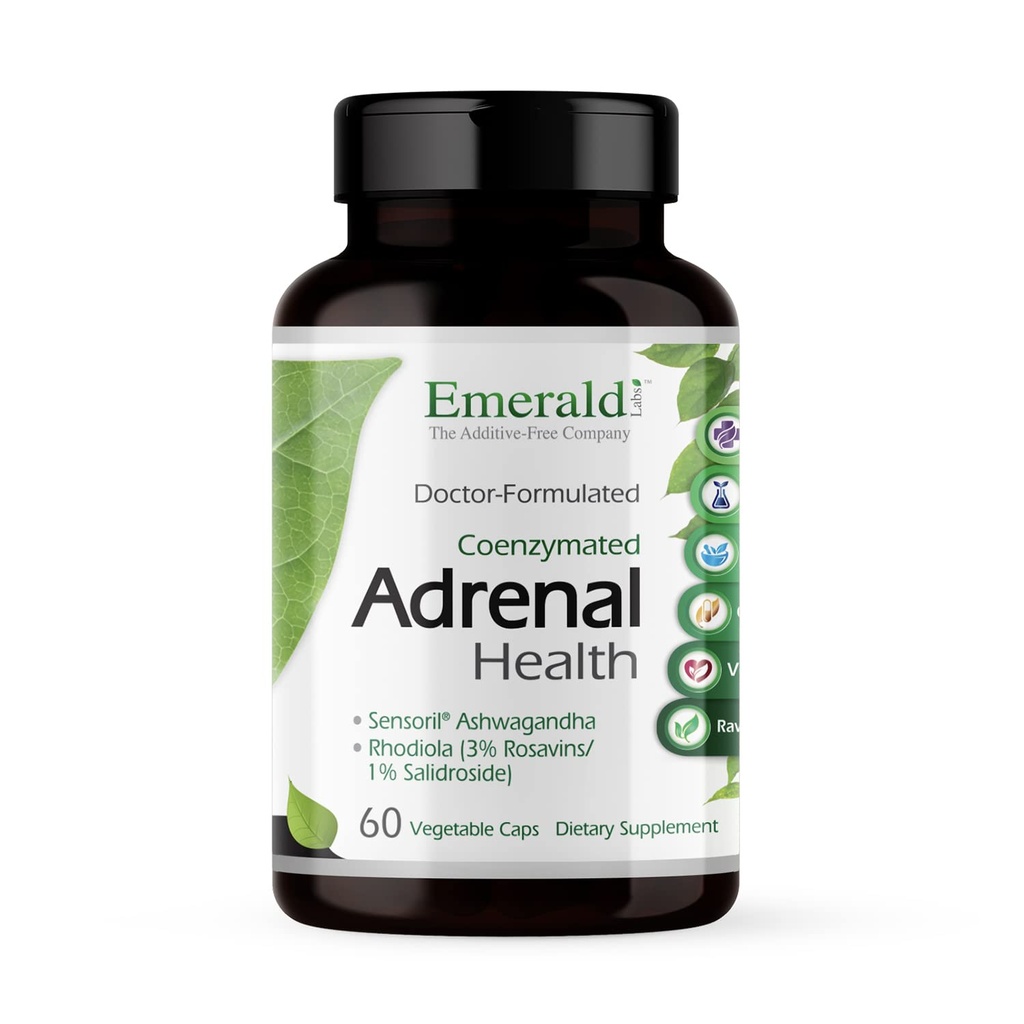 EMERALD LABS Adrenal Health: Stress Relief, Energy Support & Restorative Sleep with Sensoril Ashwagandha, B ויטמינים, Rhodiola & More * - Gluten-Free - 60 קפסולות ירקות (30 ימים אספקה)