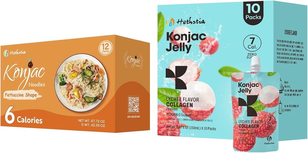 Hethstia Konjac Jelly Lychee Flavor עם Collagen Peptides 10 Packs ו Konjac Fettuccine Gluten חינם 12 Packs Low Calorie, Keto, סוכר חינם, מזון בריא