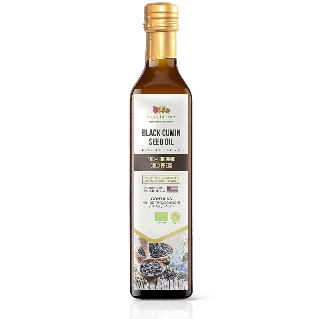 Huggiberries אורגני שחור Seed שמן נוזלי - Glas בקבוקי שמן Gluten-Free עבור סלטים, Dips, Dressings, Veggies - Cold Pressed טורקית Cumin, עשיר ב Thymoquinone Immunity תוסף - 8 fl.oz. / 250 מ"ל