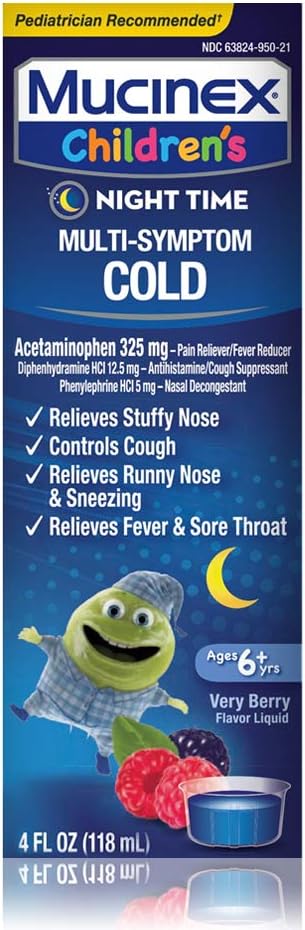 Cold, Cough ו-Fever, Mucinex Children's Multi-Symptom, Night Time Cold נוזל, המעורב ברי, 4oz, מפחית את Fever, Controls Cough, Relieves Stuffy Nose