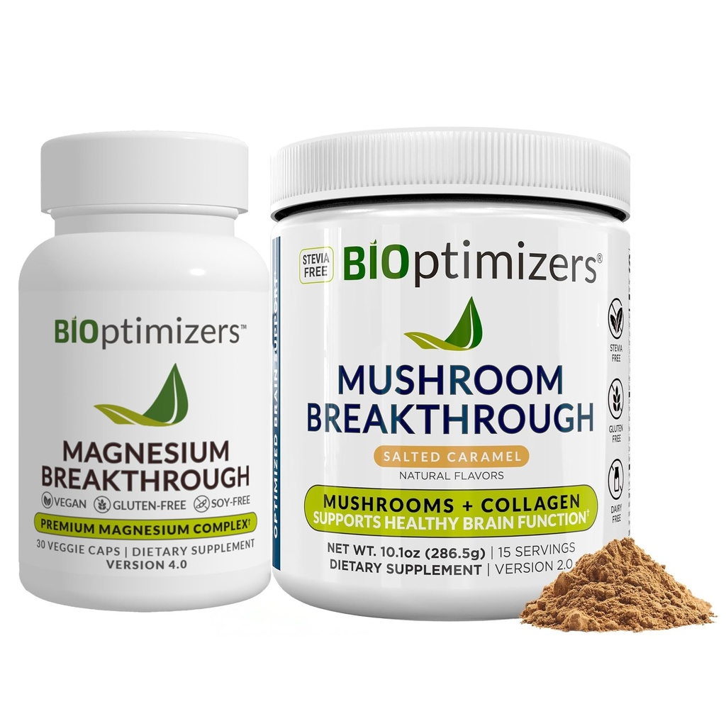 BiOptimizers Magnesium Break Through 4.0, (30 קפסולות) & Mushroom Breakthrough אבקת (Salted Karamel, 15 משרתות) - שינה טבעית ותוספת Superfood & Bundle