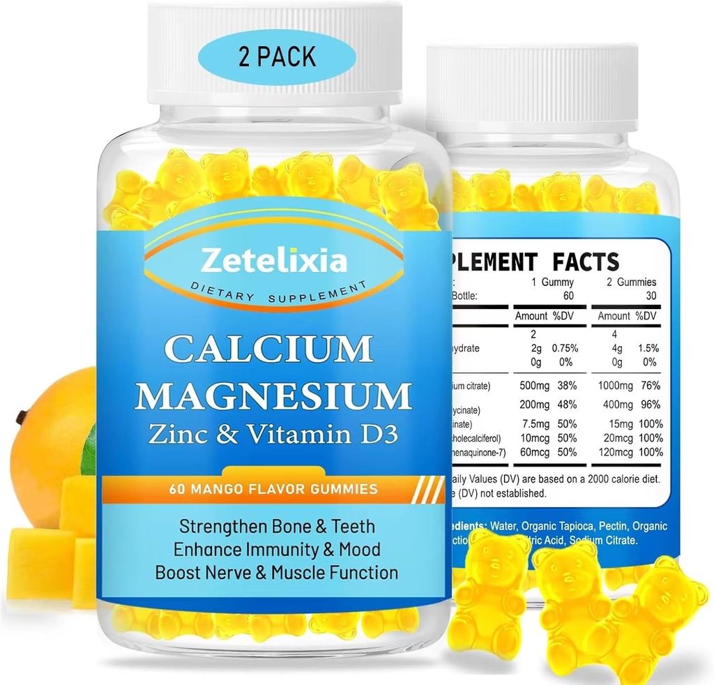 Calcium Magnesium Zinc Gummies for Adults & Kids,1000 מ"ג סוכר חינם Calcium Citrate תוסף, High Absorption Magnesium Glycinate חניכיים עם ויטמין D3 & K2 - עצם & שריר ובריאות החיסון (2 Pack)