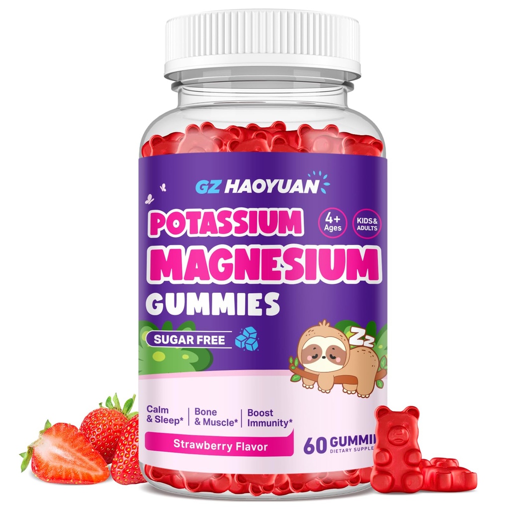 Magnesium Gummies לילדים - Magnesium Glycinate Gummies עם ויטמין D3, B6, Potassium & Ashwagandha, Magnesium for Kids & Adultslaxation, Sleep, Brain & Bone Health -Vegan Strawberry 60ct 60ct