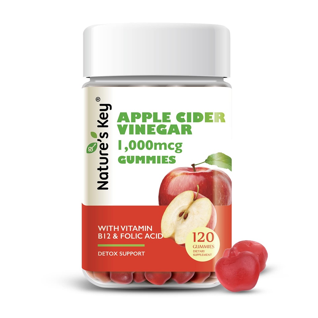 Key Apple Cider Vinegarmies 120 Count ACV Gummy עם ויטמין Folic B6 B12 B12 Beetroot & Pomegranate - טבעוני, Non-GMO & Gluten-Free