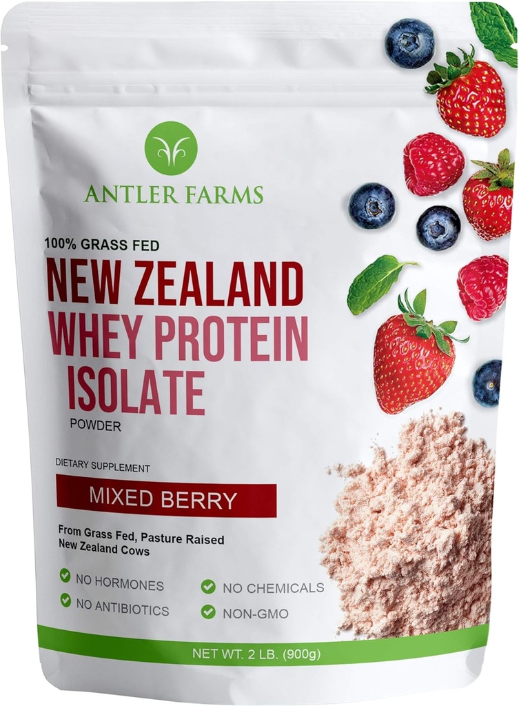 אנטלר חוות - 100% Grass פד ניו זילנד Whey חלבון Isolate, מעורב ברי פלאפור, 30 משרתות, 2 lbs - טעים, קר מעובד, מהיר Absorbed, Keto Friendly, NO-Hormones, NO-GMOs, NO-GMOs - טעימים, קר מעובד, מהיר עבד, Keto Friendly, NO-Hormones, NO-GMOs, NO-GMOs