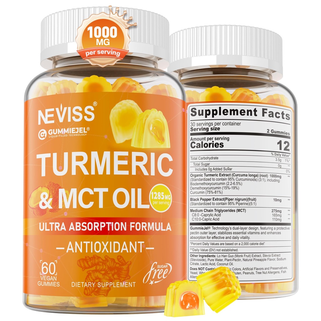חניכיים Turmeric 1000mg w / MCT שמן C8 C10, אורגני Antioxidant, Turmeric Curcumin תוספת עם Black Pepper לחלץ, תמיכה נוחות, Boost Energy, Ultra Absorption, סוכר חינם, 60 Ctsss