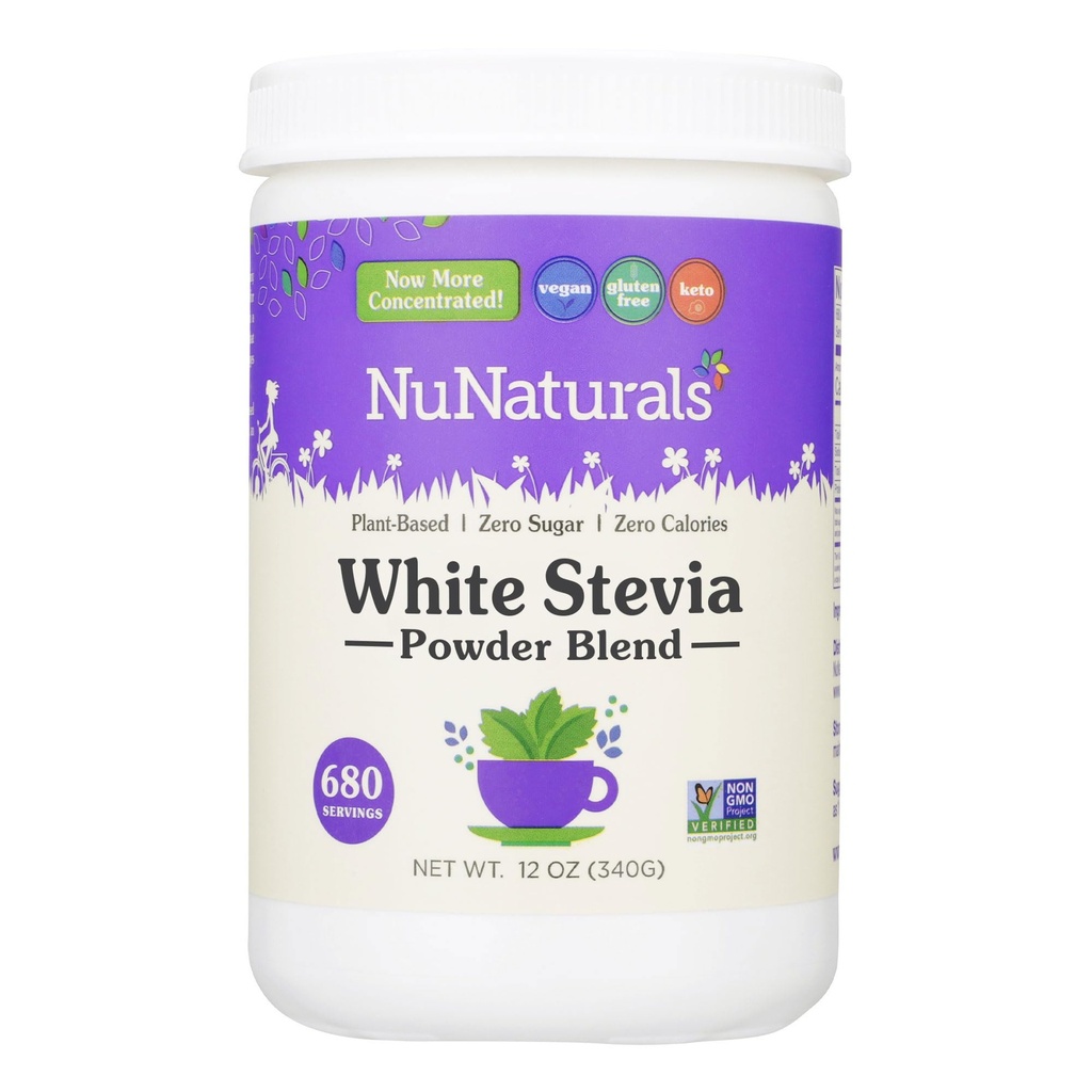 NuNaturals White Stevia אבקת בלגן, צמחי סוכר מבוסס צמחי, Zero Calorie Sweetener, 12 oz