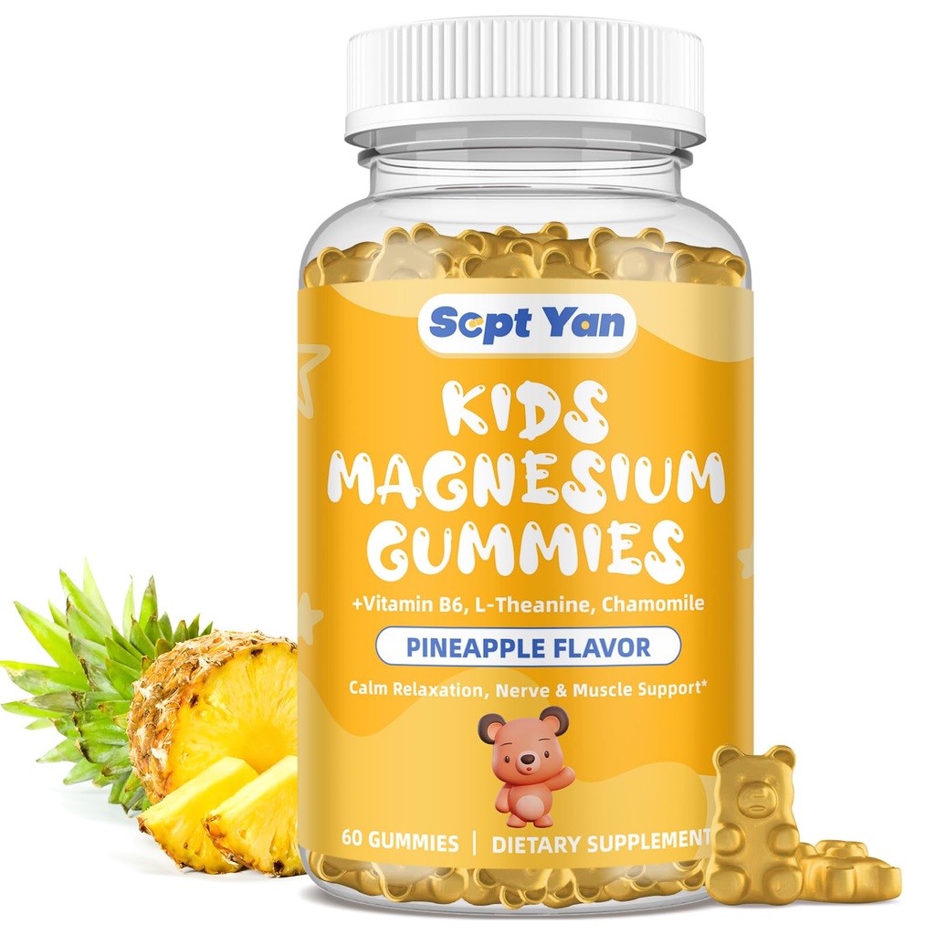 Magnesium Gummies לילדים - Magnesium Citrate תוסף עם ויטמין B6, L-theanine, Chamomile & Lemon Balm - Calm Magnesium for Kids & Adults, הירגעות, Pineapple Flavor 60 חניכיים