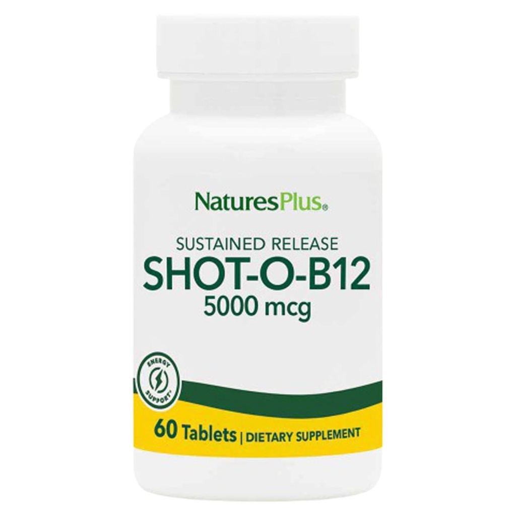 NaturesPlus Shot-O-B12 5000 mcg - 30 טבליות שחרור סוסטידיות, Pack of 2 - תומך בייצור אנרגיה & Mood - Vegetarian, Gluten Free - 60 שרתי Total