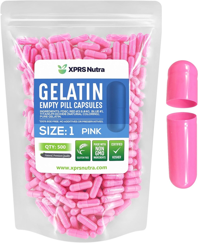 XPRS Nutra Size 1 קפסולות ריקות - 500 ספירה ריקה Gelatin קפסולות - גלולת גלולת גלולות טהור לגל Caps for Do-It-Yourself Supplements (Pink)