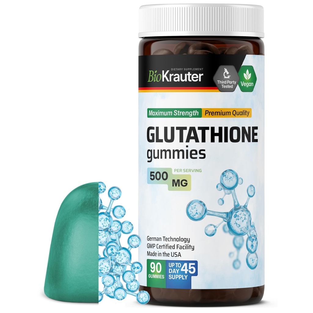BIO KRAUTER L-Glutathione Gummies - 500 מ"ג - 90 צ'יפס טבעוני - מופחת Glutathione תוסף - Antioxidant תוסף
