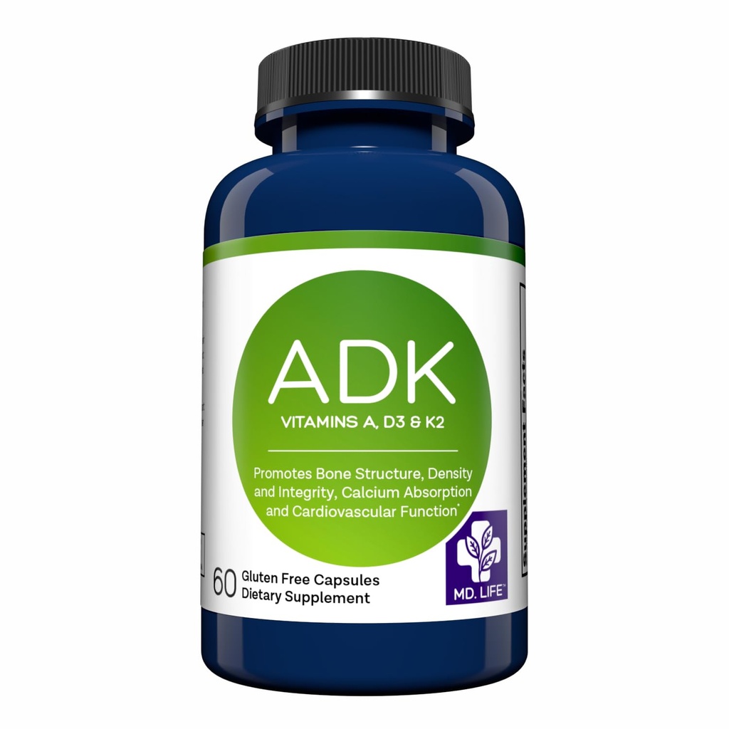MD.LIFE ADK ויטמין תוסף - ויטמין D3 K2 ו- A Complex - 60 קפסולות - ויטמין עתיר גבוה ADK עבור Bone and Heart Health Support