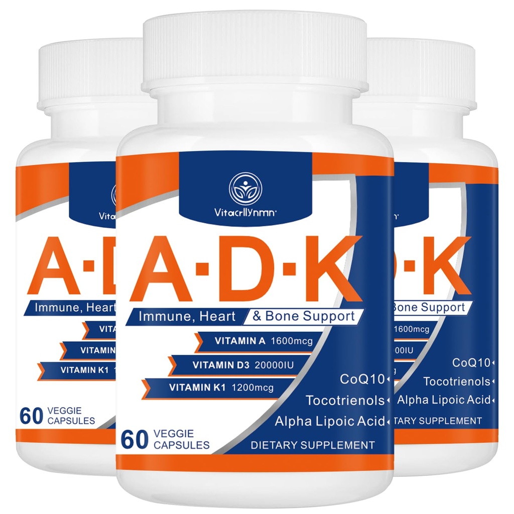 תוספי ויטמין ADK 20000 IU - ויטמין A, D3 ו-K1 ללב, בריאות העצם ו- Immune תומכים בויטמין ADK 180 קפסולות