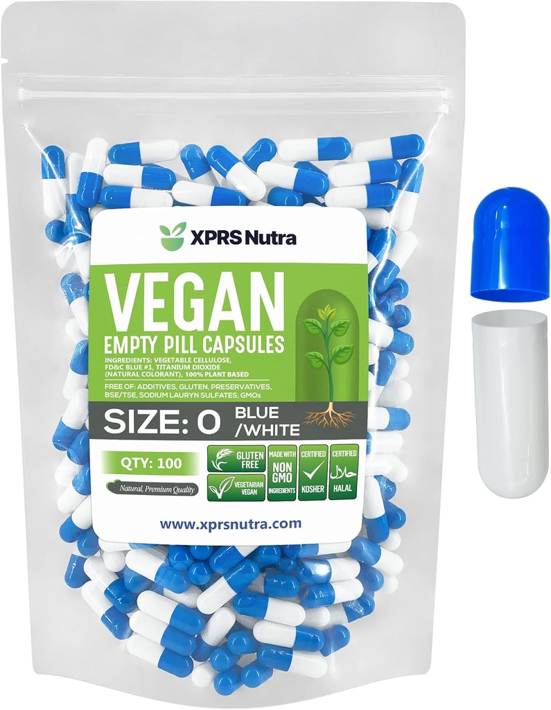 XPRS Nutra Size 0 קפסולות ריקות - 100 קפסולות טבעוניות ריקות - גלולות צמחוניות - קפסולת ירקות DIY מילוי - Veggie Pill Caps for Do-It-Yourself Suplements (כחול לבן)
