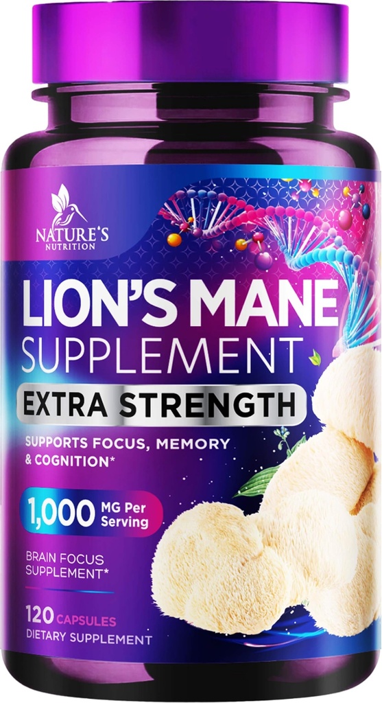 Lions Mane Mushroom קפסולות 10,000 מ"ג - קפסולות תוספת של אריה עבור Memory and Focus Support, Brain, Immune Health Support, Vegan, בבקבוק בארה"ב, Lions Mane Mushroom אבקת לחלץ, 120 Count Count Count