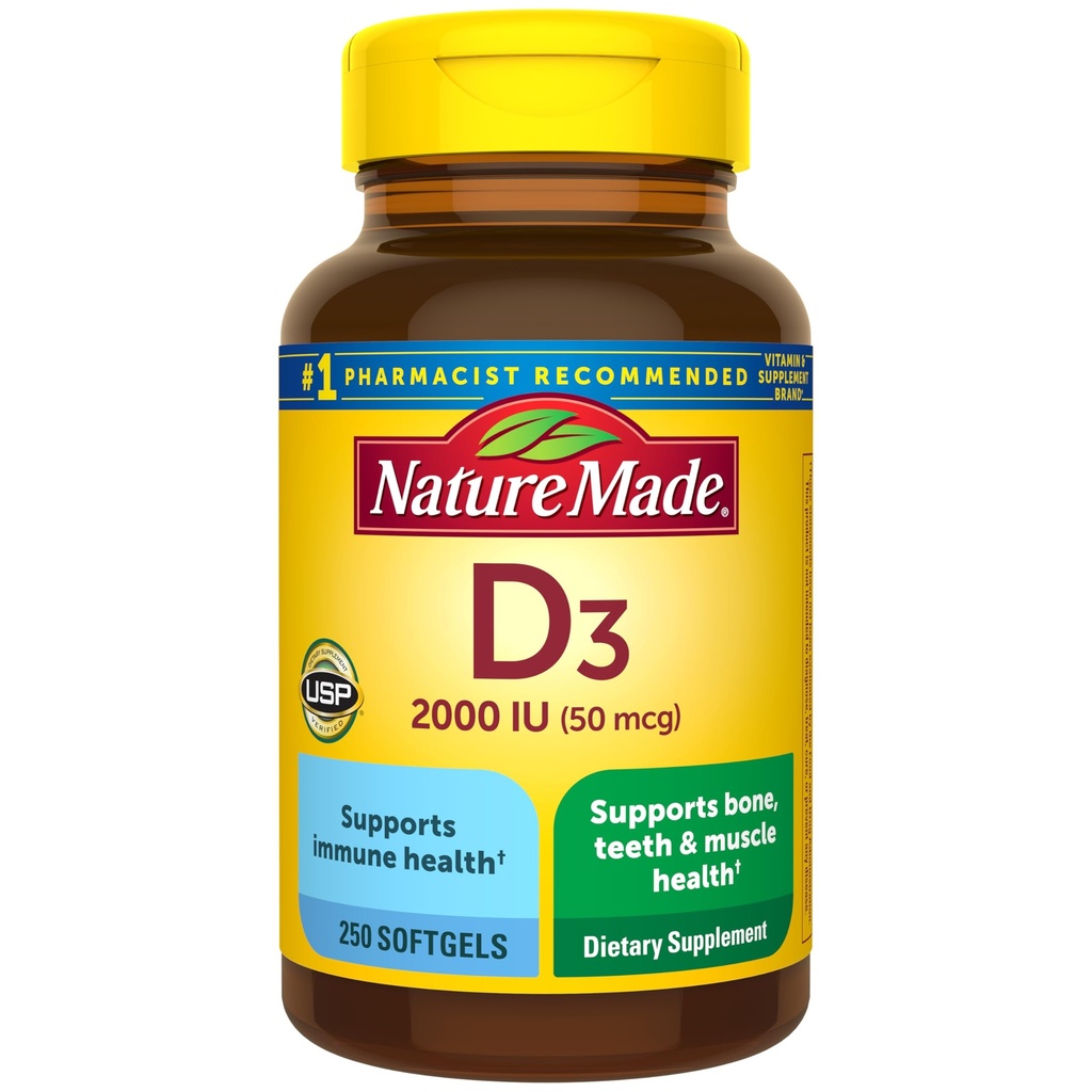 הטבע עשה ויטמין D3 2000 IU (50 mcg), תוספת תזונתית עבור העצם, שיניים, שריר ותמיכה בריאות החיסון, 250 Softgels, 250 יום אספקה