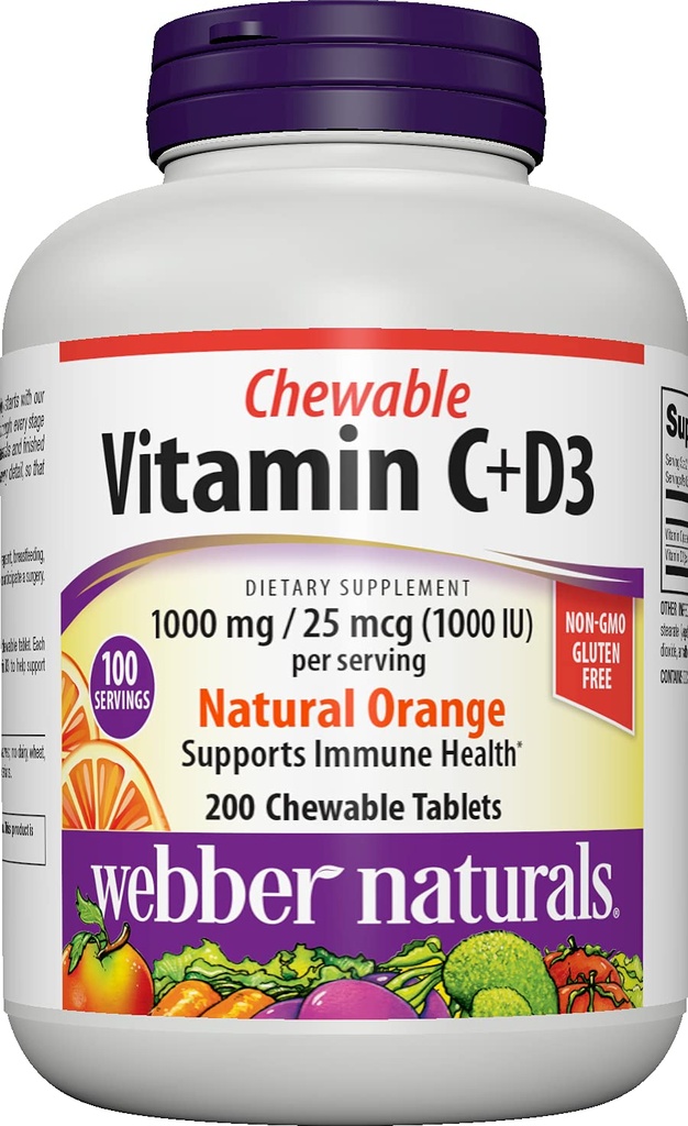 Webber Naturals ויטמין C+D3, 200 טבליות תפוז Chewable, 1000 מ"ג של ויטמין C עם 1000 IU של ויטמין D3 Per משרת, עצמות, שיניים, Immune ו- Antioxidant Support, non GMO, חלב וגלוטן חינם חינם חינם חינם.