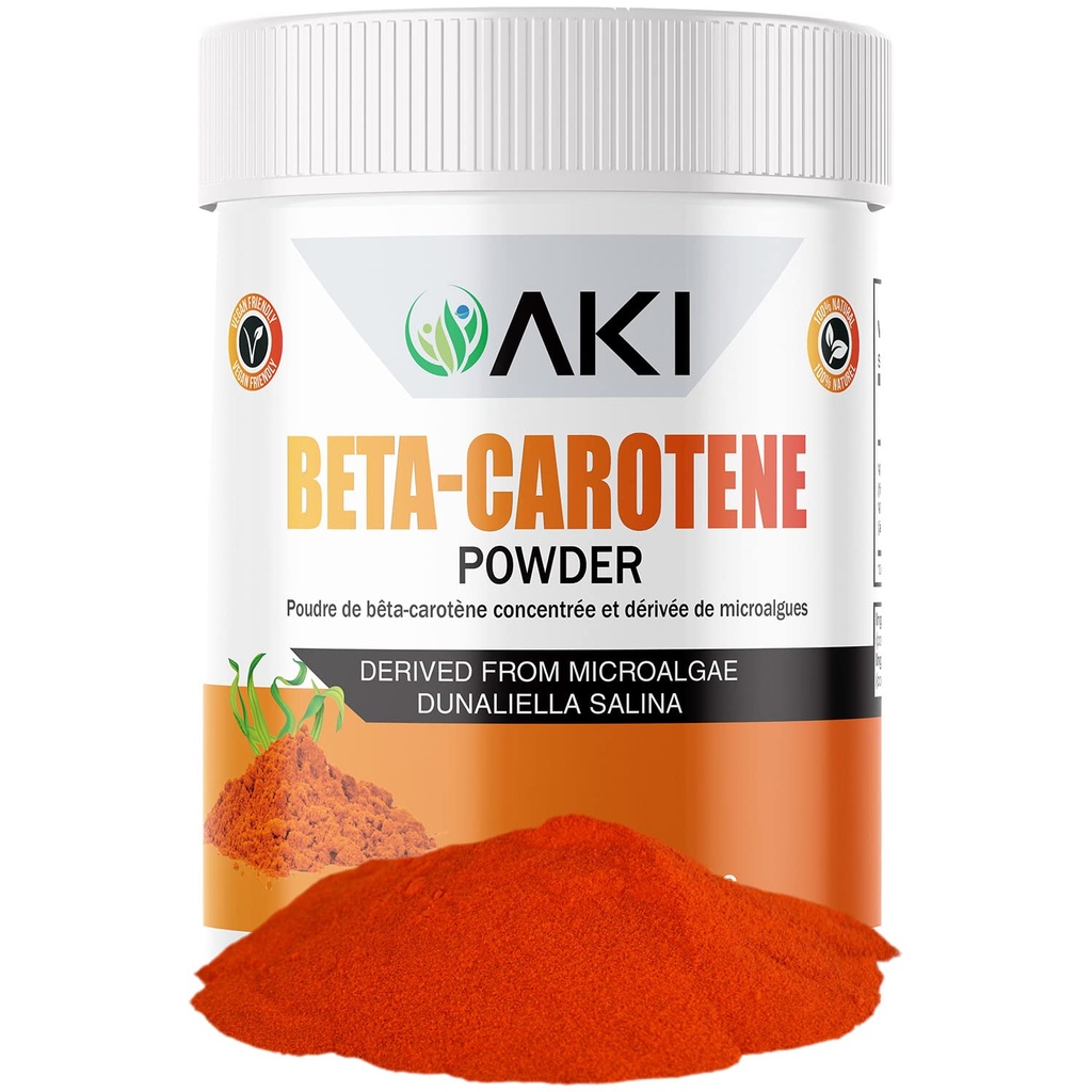 AKI Beta Carotene 10% אבקה (1.5oz/42.52g) טעם גבוה של ויטמין A, May Helps to Support Body Functions, Skin, Immune System and Eye - GMO Free & Friendly