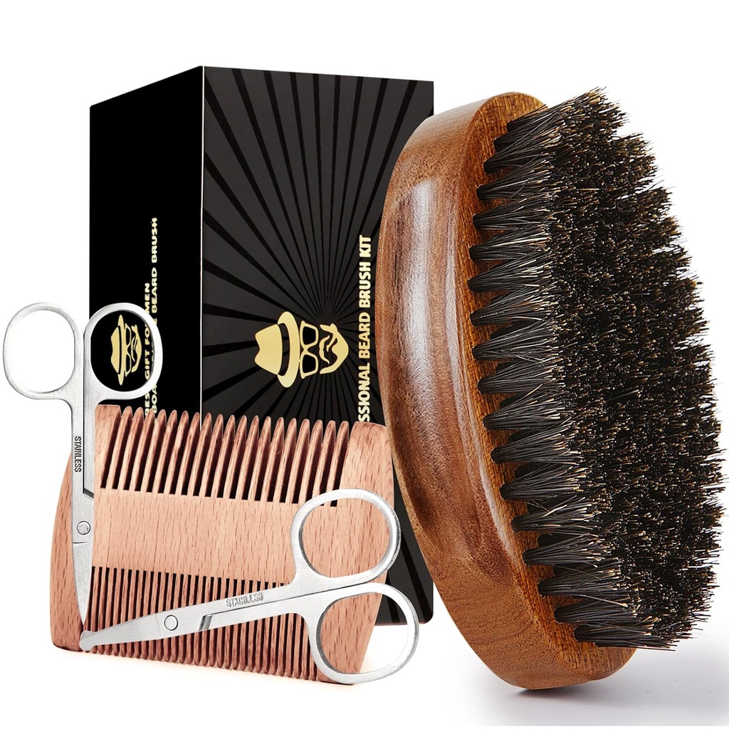 Sosoon Beard Brush for Men, 100% Pure Boar Bristle Beard Brush, Beard Grooming סט כולל Beard Comb, 2 Pcs Mustachesors, ו- Travel Bag Bag