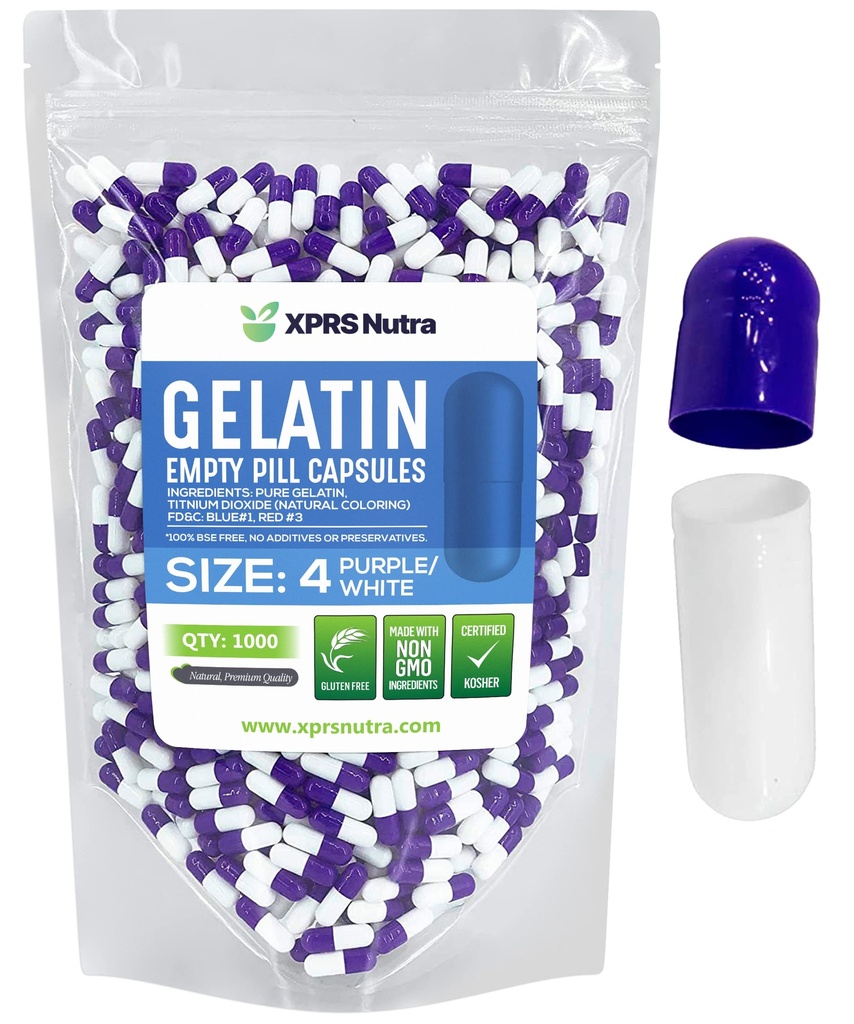XPRS Nutra Size 4 קפסולות ריקות - 100 Count Small Gelatin קפסולות - Pills Diet Filling - Fillable Pure Bovine Pill Gel Caps for Do-It-Yourselfs (Purple / לבן)