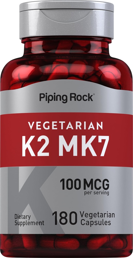 Piping Rock K2 MK7 תוסף ויטמין 100 mcg | 180 קפסולות צמחוניות | עבור נשים וגברים | Non-GMO, Gluten Freeten Freeten