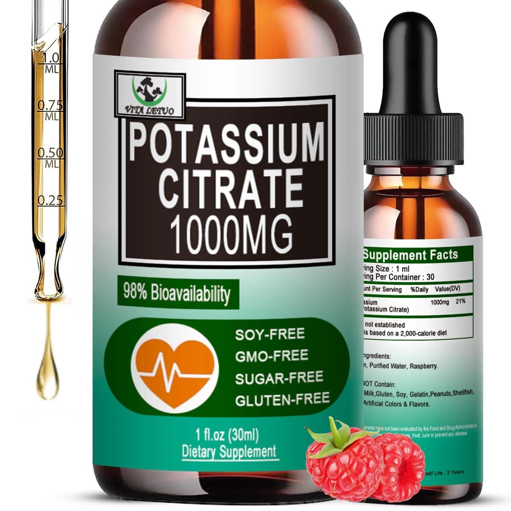 טיפות נוזלי פוטאסיאטום,Potasium תוספת 1000 מ"ג נוזל תמיכה שריר Cramp הקלה, בריאות הלב ושינה, גבוה מאוד Absorbable עבור מבוגרים נשים וגברים, טבעוני, 30 משרתים