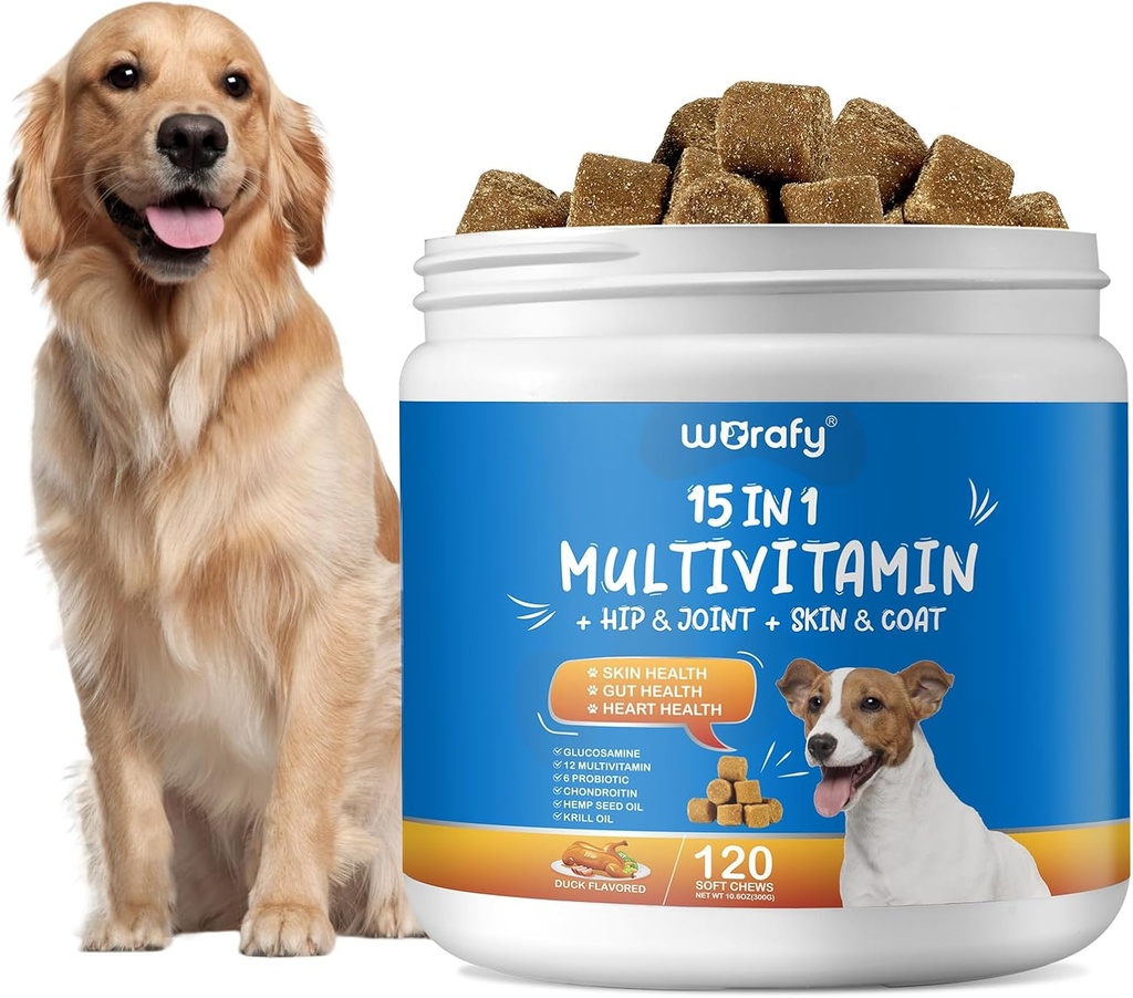 15in-1 כלבים תוספי Multivitamin - כלב Multivitamin Chewable - Immunity, Digest, Joint and Heart Health Support for Skin, Heart, Immune System - for All Ages All Breeds (120 Counts)
