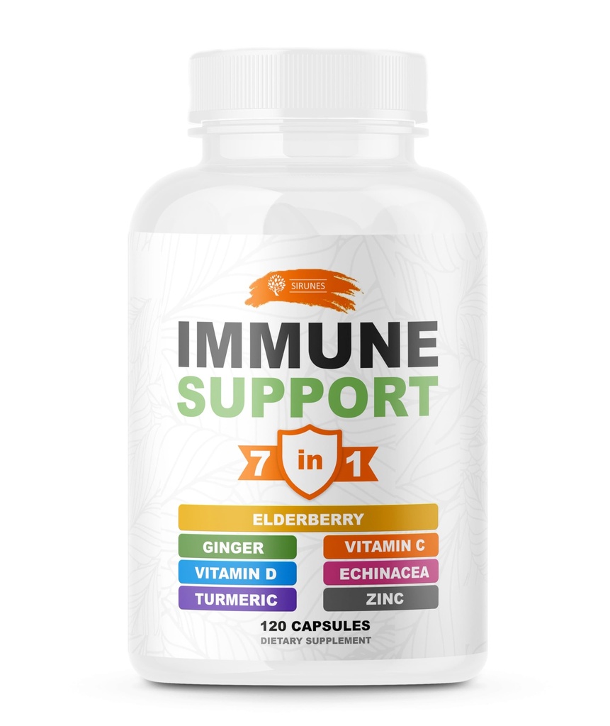 SIRUNES Immune Booster - Immunity Support Multivitamin - ויטמין C ו- D3, Elderberry, Zinc, Echinacea, ג'ינג'ר, Turmeric - Antioxidant, Energy and Vigor, Brain Boost (Immune Support קפסולות)