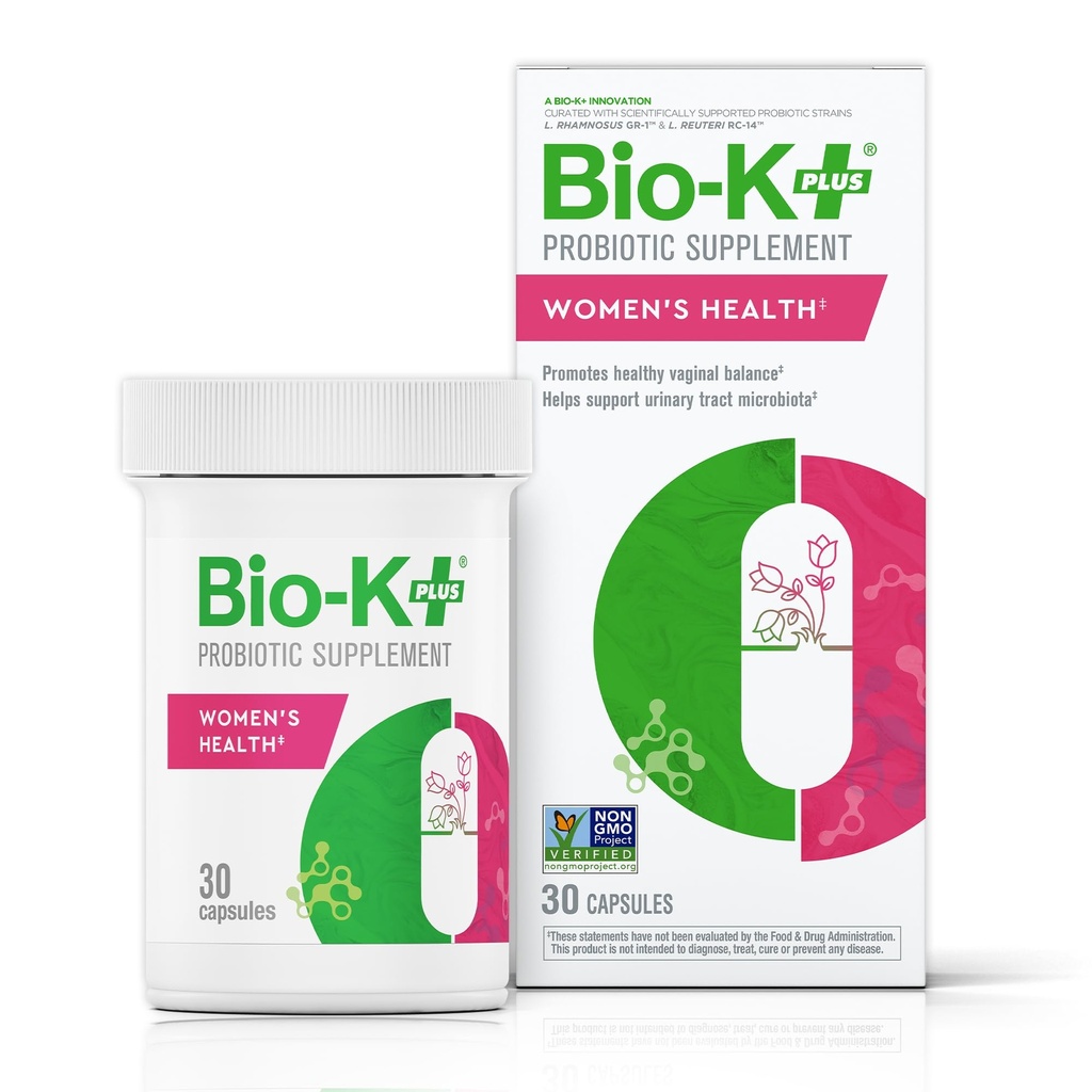בריאות האישה של Bio K+ - תוספת פרוביוטית לנשים תומכת בבריאות Vaginal & Urinary Tract עם 2 מיליארד CFU 2 סטרינס, Vaginal Probiotics לנשים - 30 קפסולות