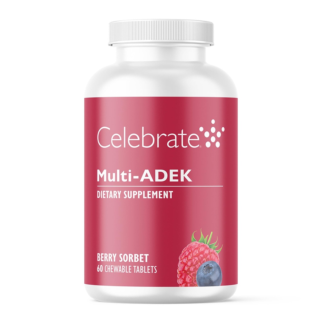 חוגגים ויטמינים Multi ADEK Chewables, Iron Free - Daily Bariatric Multivitamin, רמה גבוהה של ויטמינים A, D, E, K & B12 עבור חולי ניתוח Duodenal Switch - ברי סורברט (60 טבליות)