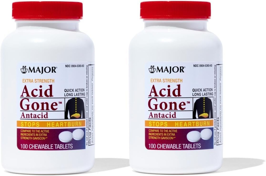 מייג'ור Acid Gone Another Power Antacid Chewable Tablet - Anti-Acid Relief - Acid Reflux Medicine for Adults - Upset Stomach, Acid Indigestion, and Heartburn Relief - Long-Lasting - 100-Count (2 Pack)